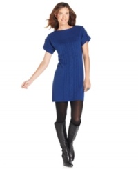 This petite cable-knit sweater dress from Elementz is ultra-flattering! Wear it with tights and boots for the ultimate in fall style!