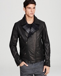 Edun Leather Moto Plaid Trim Jacket