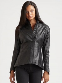 THE LOOKMock neckline Motocross quilted stitching at shoulders Off center front zipper Long sleeves with zip cuffs Princess seamsTHE FITAbout 23 from shoulder to hemTHE MATERIALLeather Silk liningCARE & ORIGINDry clean by a leather specialist Imported