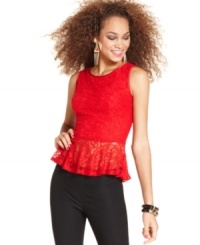 Featuring a diamond-shape back cutout and fanciful lace, this peplum top from XOXO is designed for festive occasions!