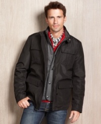 Keep it together in the chilly weather with this Kenneth Cole Reaction coat with attached bib and double closure.