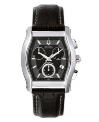 Strong design and lavish materials mark this Bulova Accutron watch from the Stratford collection. Black croc-embossed leather strap with contrast stitching and tonneau stainless steel case with curved sapphire crystal. Black chronograph dial features applied stick indices, minute track, date window at four o'clock, three subdials, three hands and logo. Swiss quartz movement. Water resistant to 50 meters. Five-year limited warranty.