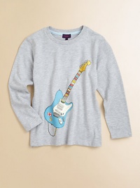 You already know he's a rock star--show the world in this comfy cotton tee finished with a colorful electric guitar motif.Ribbed crewneckLong sleeves74% cotton/26% polyesterMachine washImported of French fabric