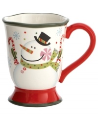 A treat in itself. The whimsical Sweet Twist mug from Oneida features a snowman swirling with festive holiday color and clutching sugary treats.