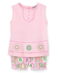 Isn't she pretty in pink? This Hartstrings set features an sweet pink top with detailed embroidery and playful pantaloon style shorts.