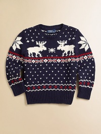 A classic crewneck pullover is updated in a reindeer intarsia knit that is perfect for the colder months.Ribbed crewneckLong sleeves with ribbed cuffsPullover styleRibbed hemCottonMachine washImported