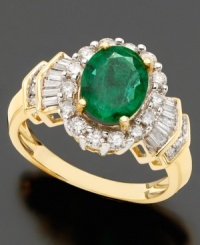 Cultured elegance. This ring features oval-cut emerald (1-1/5 ct. t.w.) and baguette-cut diamond (5/8 ct. t.w.) set in 14k gold.