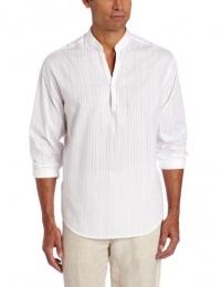 Cubavera Men's Long Sleeve Washed Cotton Popover Embroidered Woven Shirt With Stripe Textured Detail