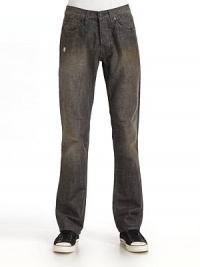 Slightly fitted, yet exceptionally comfortable, this slim-fit cotton denim classic has minimal fading, torn spots and a versatile black rinse.Mid-width waistband with belt loops Front zipper and button fly Five-pocket style Contrast stitching and logo patch at backpocket Inseam, about 34 Cotton; hand wash or machine wash Imported