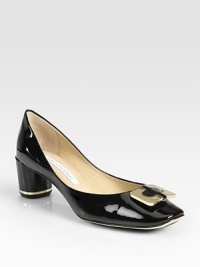 Chunky, retro heel and a buckle adornment enhance this patent leather silhouette with vintage vibes. Self-covered heel, 2 (50mm)Patent leather upperLeather lining and solePadded insoleImportedOUR FIT MODEL RECOMMENDS ordering true size. 