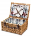 With a classic willow design and plaid lining, the Bristol picnic basket has all the makings of a delightful summer afternoon. Service for two – including plates, flatware and more – is secured inside the lid, leaving plenty of room for food.