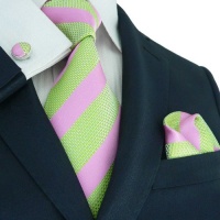 Landisun 73F Light Green Pink Stripes Mens Silk Tie Set: Tie+Hanky+Cufflinks