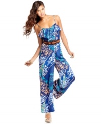 Rock hot, cabana style on your vacation or stay-cation with a tribal print, palazzo jumpsuit from Baby Phat that's full of trend-forward style!