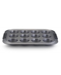 For crumb-free muffins that will make 'em go mmm, Anolon's muffin pan is a must-have!  New proprietary coating ensures superior release and makes cleanup a snap. Silicon-enhanced handles are steady and slip-free, while the pan's substantial weight provides durability and helps prevent warping.