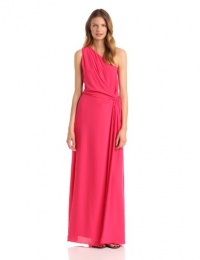 HALSTON HERITAGE Women's One Shoulder Ruched Side Waist Gown, Bright Raspberry, 6