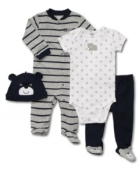 He'll be un-bearably cute in this 4 piece set by Carter's that includes a long sleeve stripe footed bodysuit, a short sleeve bodysuit, and comfortable footed pants with matching hat.