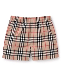 Hidden elastic waist band boxers with all over check pattern. One button fly.