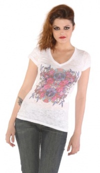 Wild Rose Sugar Skull Tattoo Art White Burnout Short Sleeve Shirt Womens Sizes: Medium