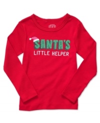 In front of the fireplace, this fun holiday top from Carter's is delightful – complete with a glitter reindeer or Santa's Little Helper graphic on front.