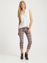 Classic plaid in rail-straight denim, finished with a hint of stretch in a sophisticated crop.THE FITFitted through hips and thighsRise, about 8Inseam, about 26THE DETAILSZip flyFive-pocket style98% cotton/2% elastaneHand washMade in USA of imported fabricModel shown is 5'11 (180cm) wearing US size 4.