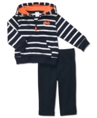 He'll look like a classic cutey in this cozy striped hoodie and pants set by Carter's.