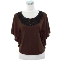 Brown Elegant Jersey Knit Kaftan Top With Sequin Scoop Neckline Size Medium