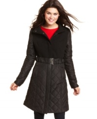 BCX brings chic style to the puffer coat with a belted waist and mixed fabric design.