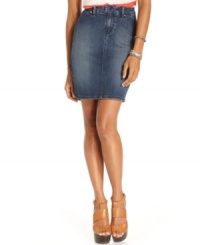 Levi's slim denim skirt features a weathered wash for vintage appeal.