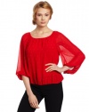 Vince Camuto Women's Peasant Allover Rhinestone Blouse, Rouge, Medium