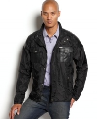 A nylon base mixed with faux leather details give this Marc Ecko Cut & Sew jacket its sleek persona.