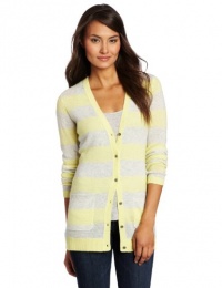 Magaschoni Women's 100% Cashmere Striped Cardigan, Icy Lemon/Moonlight Mouline, X-Large