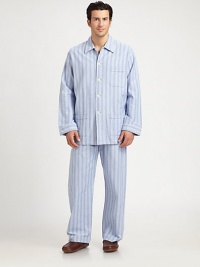 Two-piece set woven in handsomely brushed cotton flannel, is soft to the touch with a smart, striped finish. Cotton. Machine wash. Imported.SHIRTButton frontChest, hip patch pocketsPANTSide elastic waistInseam, about 31