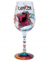 Stars align in the Cancer wine glass. A hand-painted design as unique as your sign illustrates your personality--loyal, nurturing, nostalgic--in bright, fun hues and sparkling rhinestones. With a special drink recipe on its base.