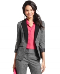 Pop your contrast-color collar in this super-chic, three-quarter sleeve blazer from BCX! Dark trims totally enliven this classic layering piece.