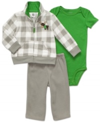 Bring out his inner lumberjack with this adorable bodysuit, plaid fleece jacket and pant set from Carter's.