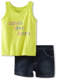 Calvin Klein Girls 2-6X Tee With Denim Short, Green, 3T