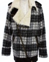 Free People Charcoal Combo Plaid Faux Fur Asymmetrical Zip Jacket Coat Large