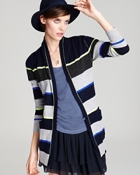 Variegated stripes decorate this belted Aqua Cashmere cardigan, oh-so chic and sumptuously soft for the transitional season. Wear it over everything from a tee and shorts to an LBD-it's the layer of the moment.