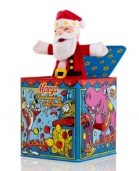 Pop goes the Santa! The classic jack-in-the-box toy gets a holiday makeover with all the fun, stars and official balloons of Macy's Thanksgiving Day Parade. With Santa and Uncle Sam on back.