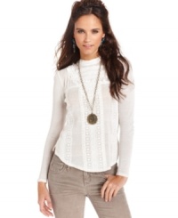 With Victorian-inspired styling, this Free People blouse combines both lace and textured knit for a delicately sweet look!