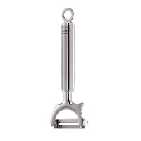 Rosle crosswise peeler removes skin from fruit and vegetables with two slots to suit right and lefthanders. Made of 18/10 stainless steel with satin finish handle. Sturdy, balanced, comfortable in the hand.