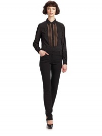 THE LOOKButton closure at collarButton-down placketSheer silk tuxedo-style pintucked frontLong sleeves with button cuffsCurved hemTHE FITAbout 26 from shoulder to hemTHE MATERIAL68% cotton/27% nylon/5% spandexSilk contrastCARE & ORIGINDry cleanImported