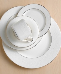 Beautiful and bridal-inspired, this classic white place settings collection is richly textured with a delicate floral motif and raised beaded accents. Finished with a band of polished platinum.