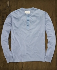 A long-sleeved jersey Henley is constructed in lightweight cotton and washed for a soft, natural fade.