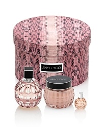 Reveal the glamorous seductress in you with this elegant Jimmy Choo gift set that includes a selection of Jimmy Choo treasures: a 3.3 fl. oz. Eau de Parfum, 5 fl. oz. Perfumed Body Cream, and a 0.15 Eau de Parfum miniature.