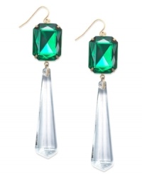 Luminous design from Bar III. These drop earrings finish off your look with acrylic and glass stones in emerald and clear tones. Crafted in antiqued gold tone mixed metal. Approximate drop: 4 inches.