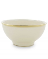 Forever elegant, the Eternal rice bowl from Lenox accents the table in timeless ivory china with sumptuous gold banding. Coordinates with Eternal Gold stemware.