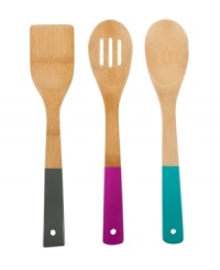 Style has been served. A beautiful set handcrafted from 100% organically grown bamboo stands out in prep and gets the job done. An artful addition to any kitchen collection, each utensil features a fun colored handle that comfortably fits in your hand.