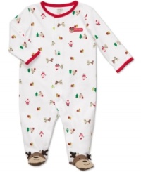 Deck out the season's littlest helper in jingle-bell style with this fun Christmas-print footed coverall from Carter's.