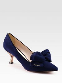 Suede point toe pumps with an etched metal kitten heel and bow adornment. Metal heel, 2½ (65mm)Suede upperPoint toeLeather lining and solePadded insoleMade in Italy